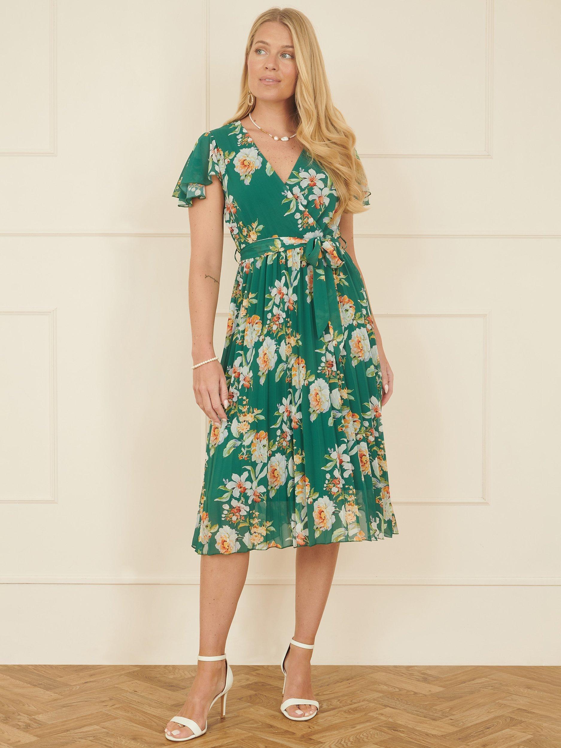 Product image 2 of 5, which shows Yumi Floral Pleated Wrap Dress, Green, 8