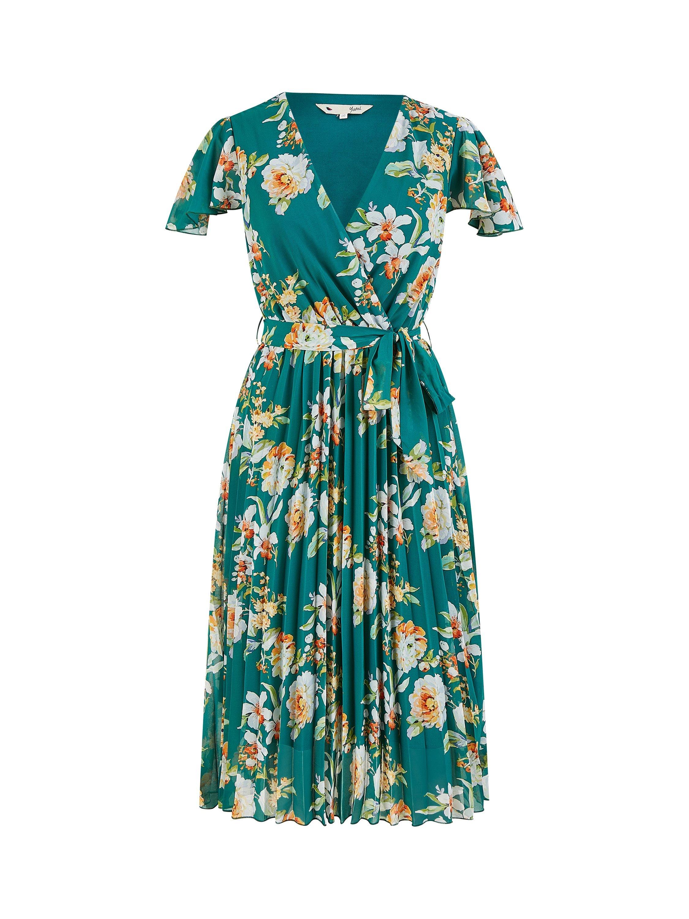 Product image 5 of 5, which shows Yumi Floral Pleated Wrap Dress, Green, 8
