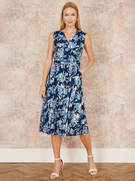 Yumi Floral Mesh Wrap Skater Dress, Blue - view 2, Blue