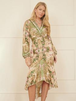 Yumi Scarf Print Satin Midi Dress, Green, Green