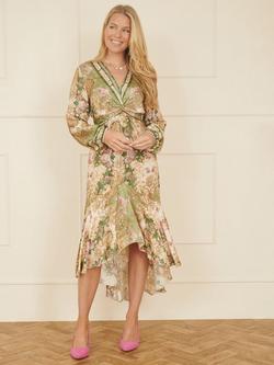 Yumi Scarf Print Satin Midi Dress, Green - view 2, Green
