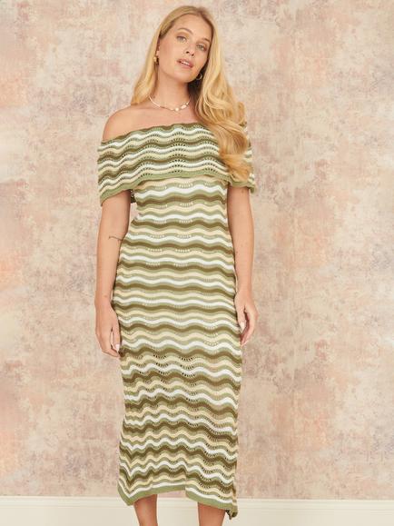 Yumi Stripe Crochet Midi Dress, Green