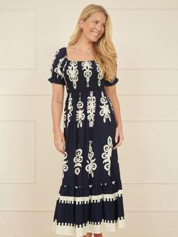 Yumi Block Print Ruched Midi Dress, Navy, Navy