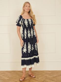 Yumi Block Print Ruched Midi Dress, Navy - view 2, Navy