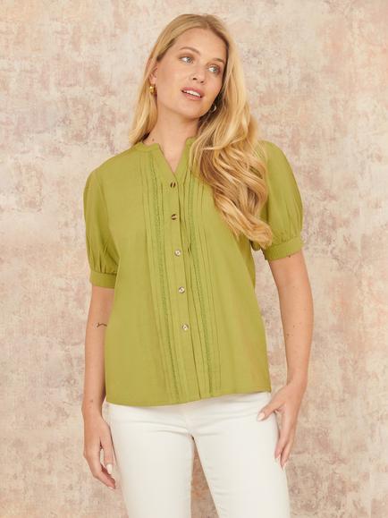 Yumi Pleated Short Sleeve Shirt, Green