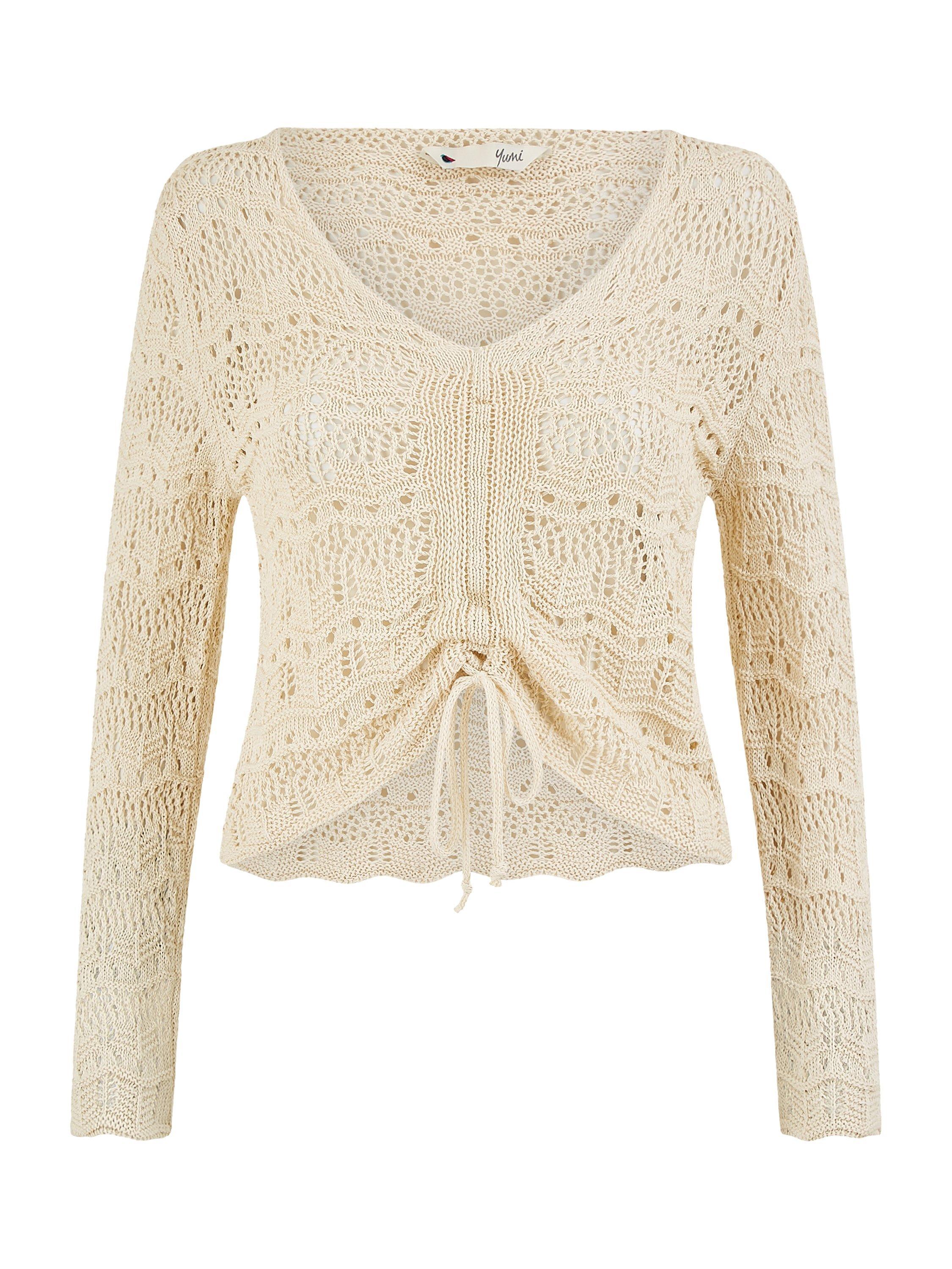 Product image 5 of 5, which shows Yumi Front Ruched Crochet Top, Beige, S