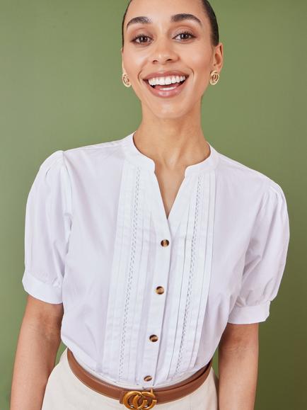 Yumi Pleated Short Sleeve Shirt, White