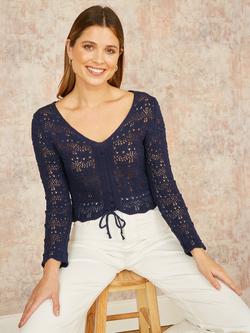 Yumi Front Ruched Crochet Top, Beige, Navy