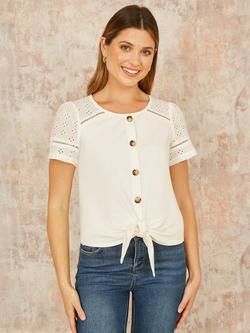 Yumi Broderie Anglaise Sleeve Button Top, White