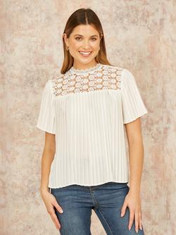 Yumi Lace Panel Pleated Top, White, White