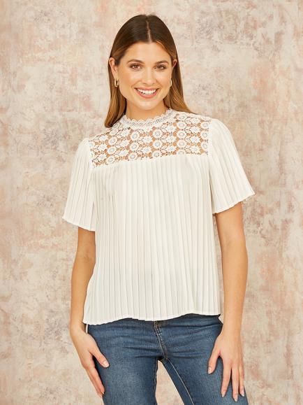Yumi Lace Panel Pleated Top, White, White