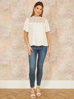 Yumi Lace Panel Pleated Top, White - view 2, White