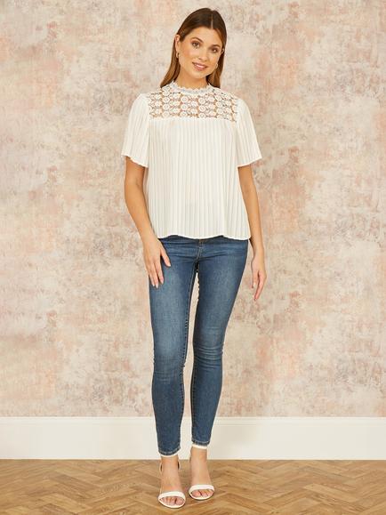 Yumi Lace Panel Pleated Top, White - view 2, White