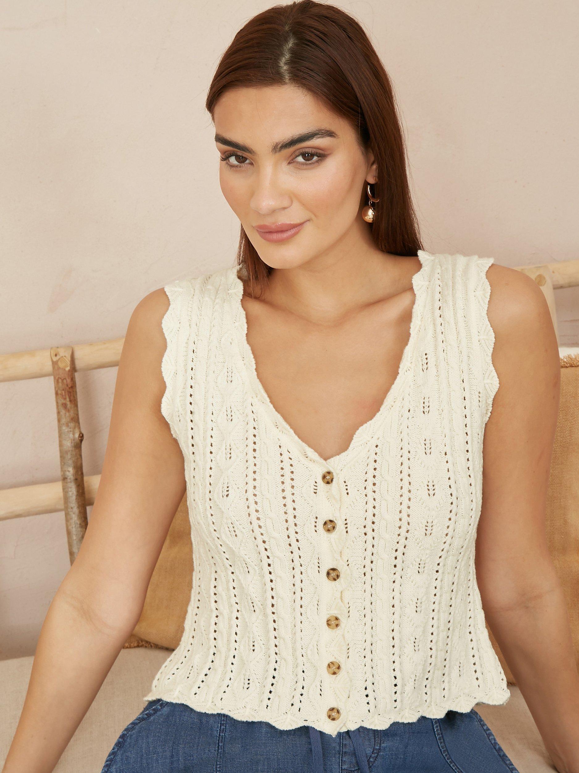 Product image 1 of 5, which shows Yumi Crochet V-Neck Waistcoat, Ivory, S