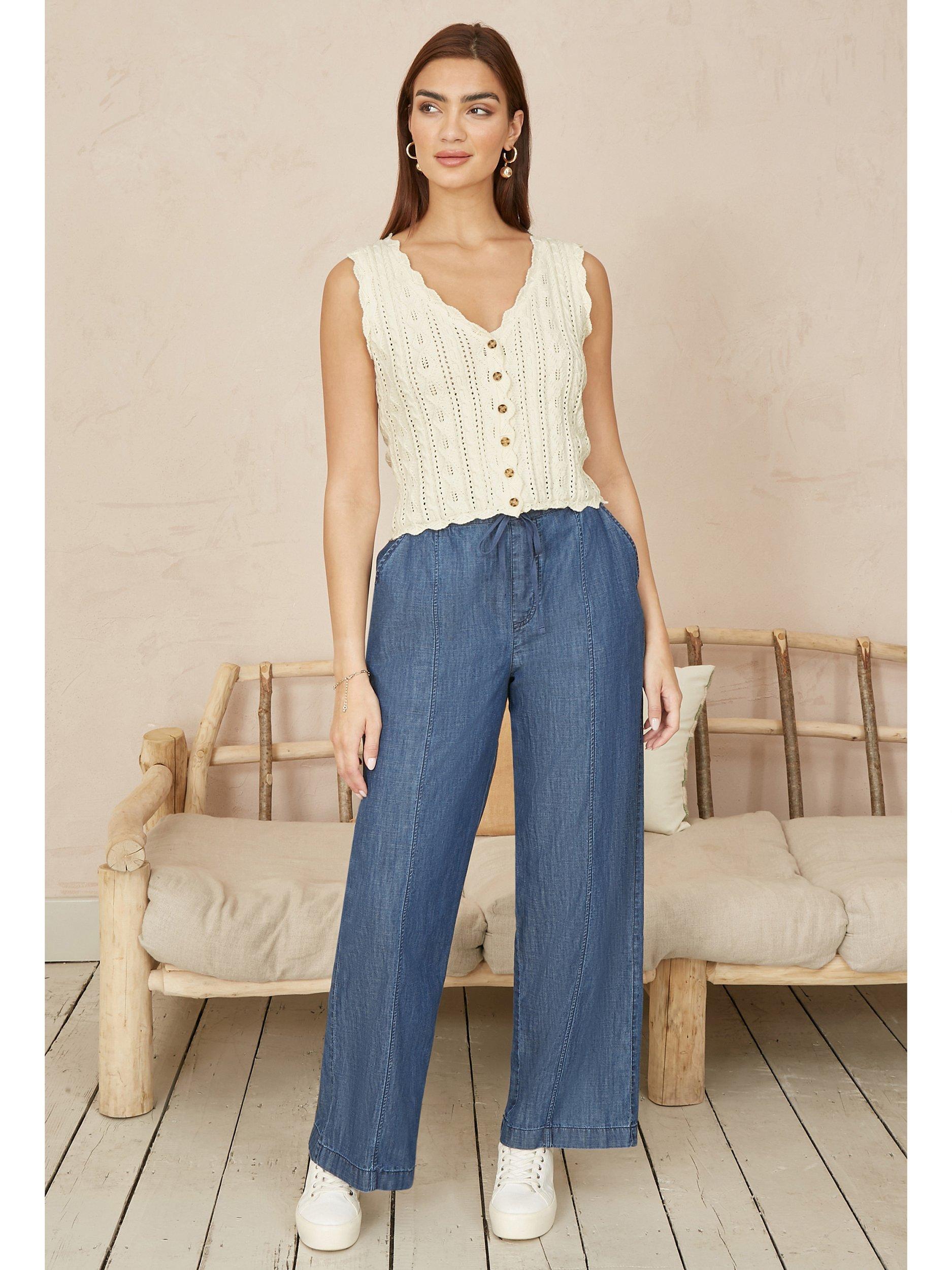 Product image 2 of 5, which shows Yumi Crochet V-Neck Waistcoat, Ivory, S