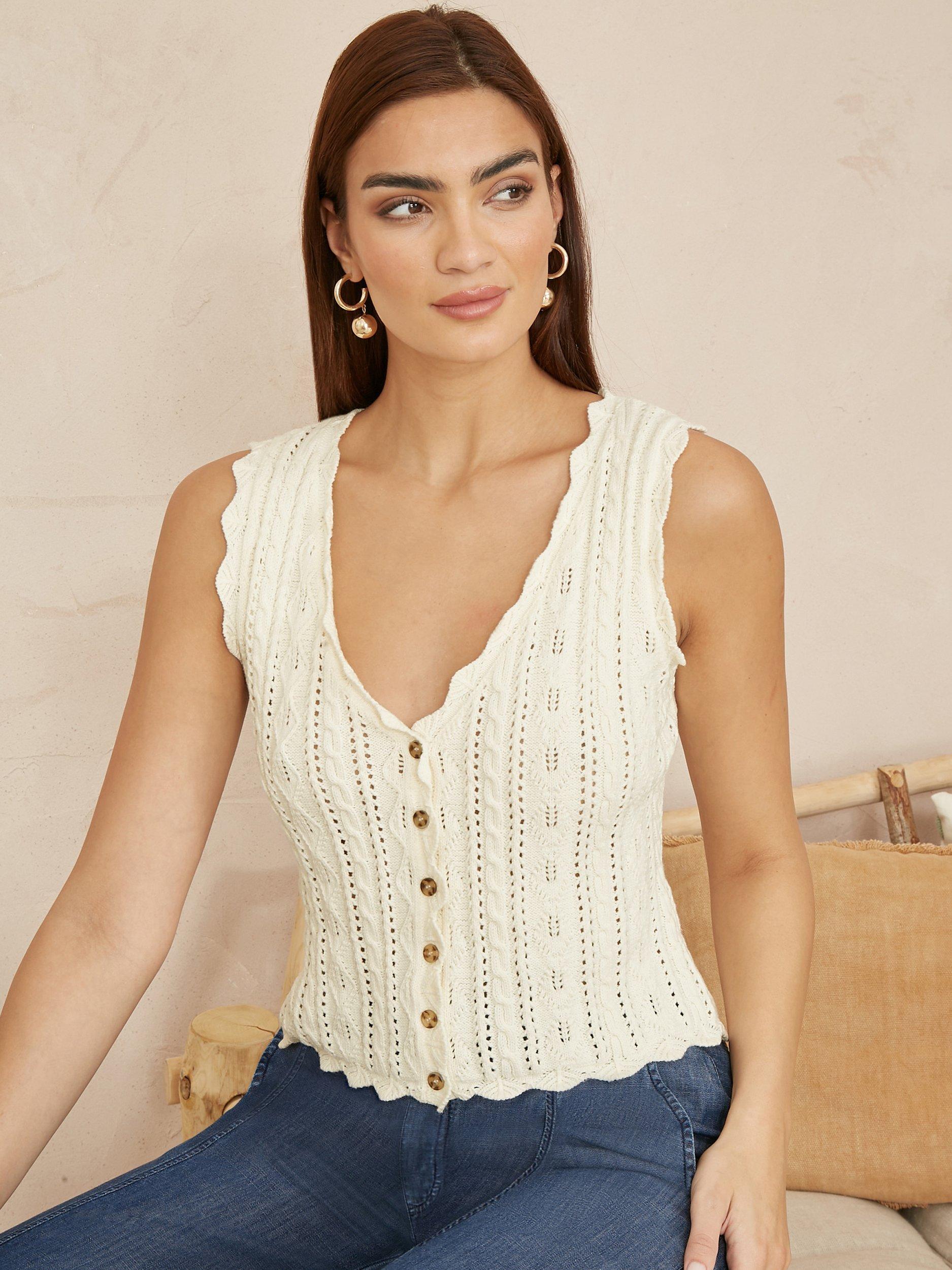 Product image 3 of 5, which shows Yumi Crochet V-Neck Waistcoat, Ivory, S