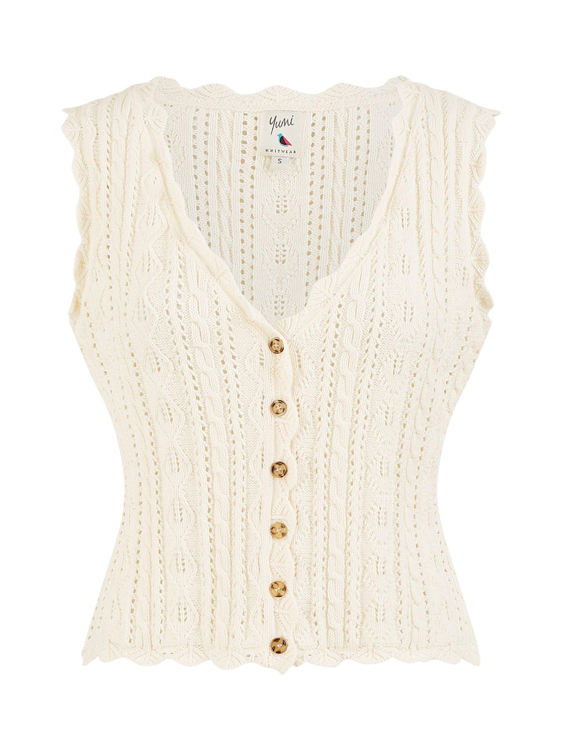Product image 5 of 5, which shows Yumi Crochet V-Neck Waistcoat, Ivory, S