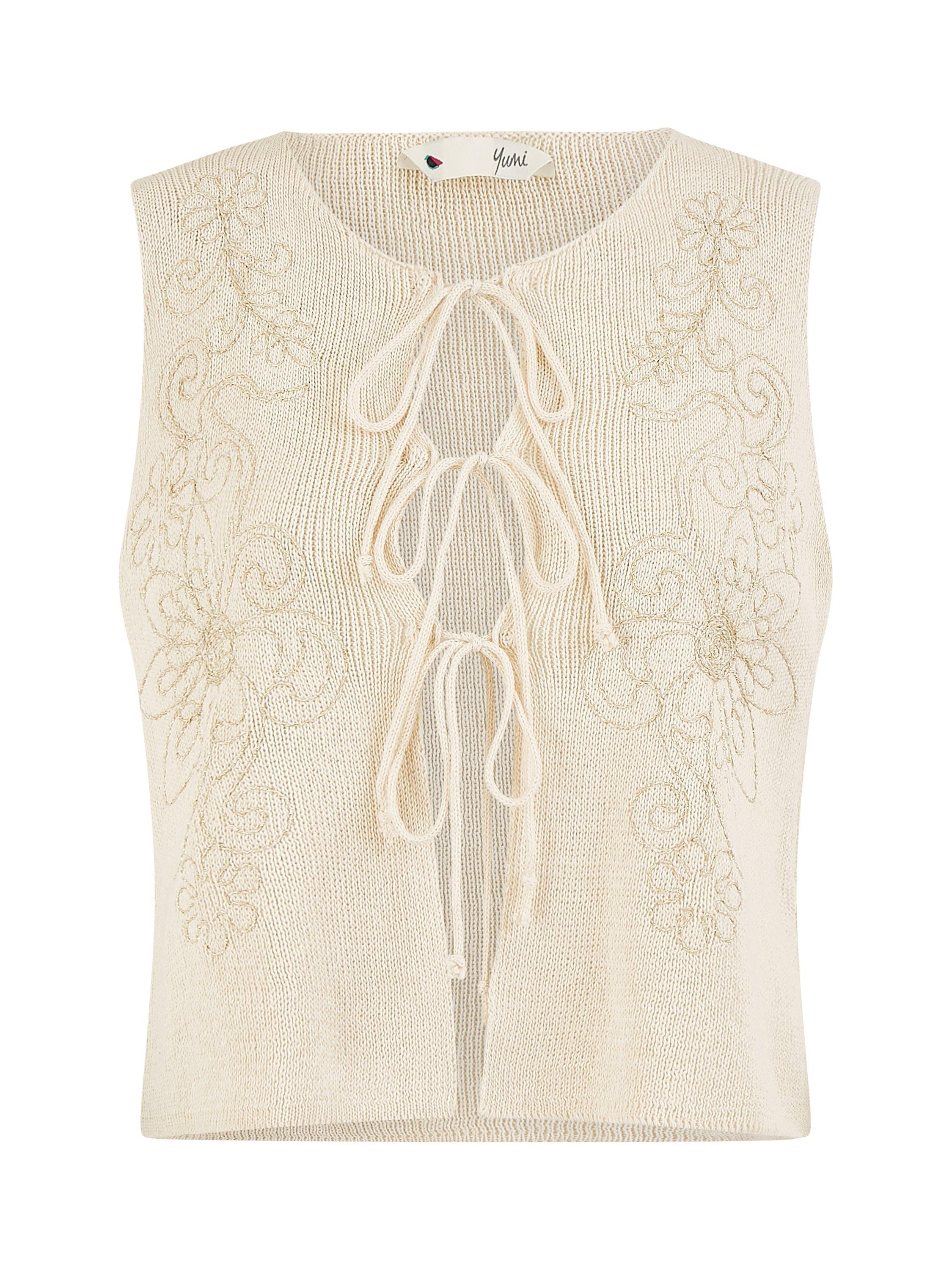 Product image 5 of 5, which shows Yumi Floral Knit Tie Front Waistcoat, Beige, S