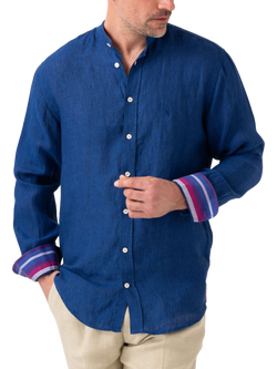 KOY Linen Striped African Kikoy Regular Fit Grandad Collar Shirt, Royal Blue