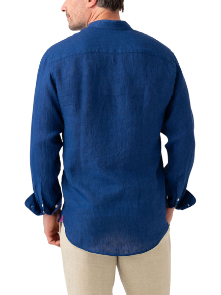 KOY Linen Striped African Kikoy Regular Fit Grandad Collar Shirt - view 2, Royal Blue