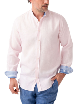 KOY Linen Striped African Kikoy Regular Fit Grandad Collar Shirt, Light Pink