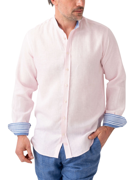 KOY Linen Striped African Kikoy Regular Fit Grandad Collar Shirt, Light Pink