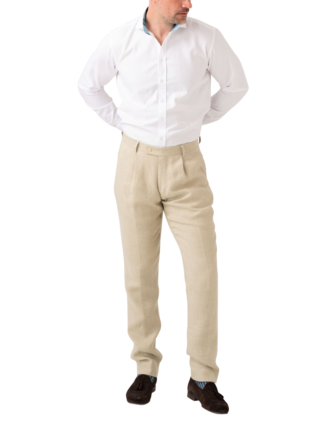Product image 3 of 8, which shows KOY Linen Wool Silk Blend Trousers, Natural Beige, W30/L34