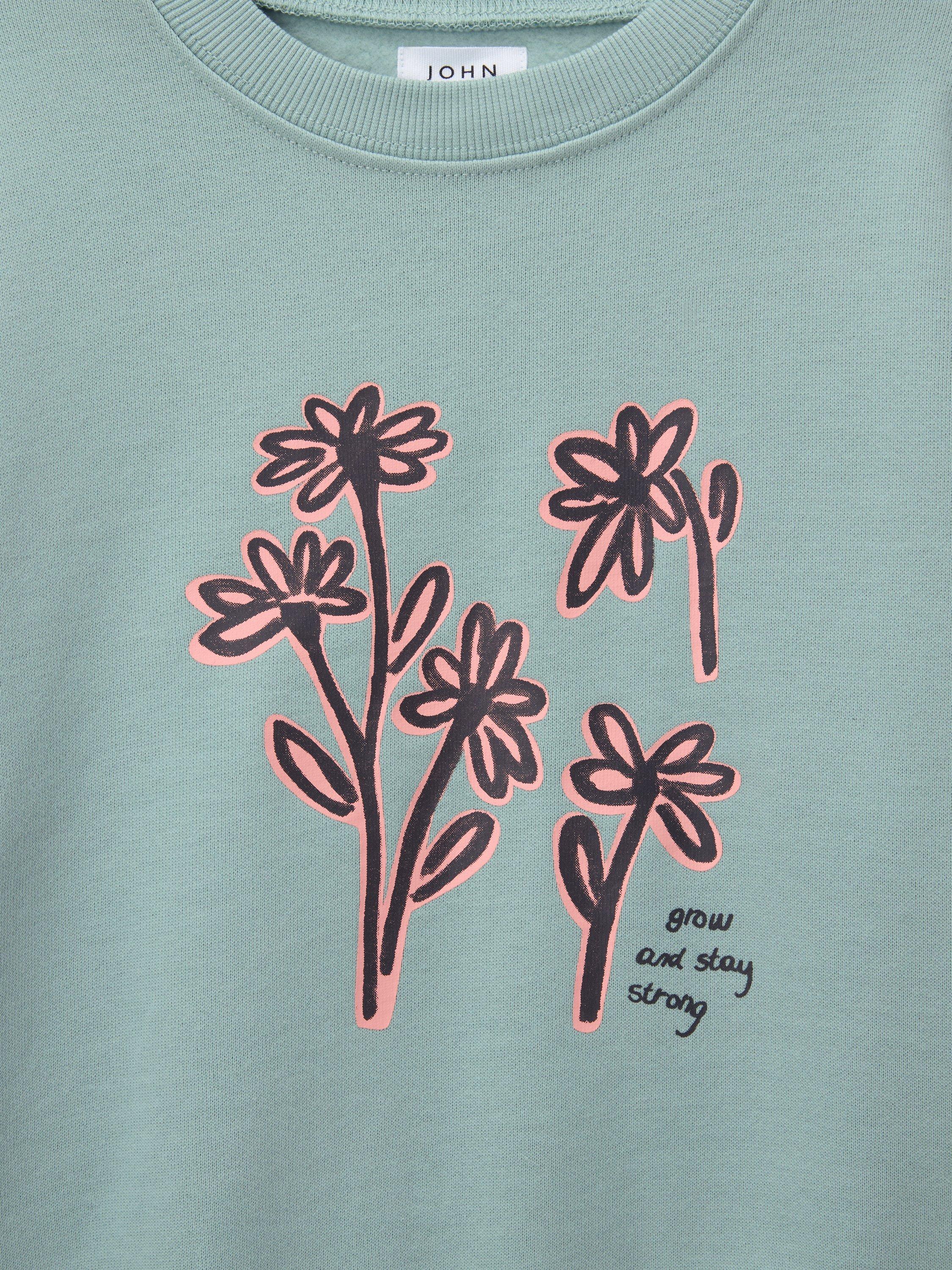 Product image 3 of 3, which shows John Lewis Kids' Graphic Flowers Sweatshirt, Blue, 3 years