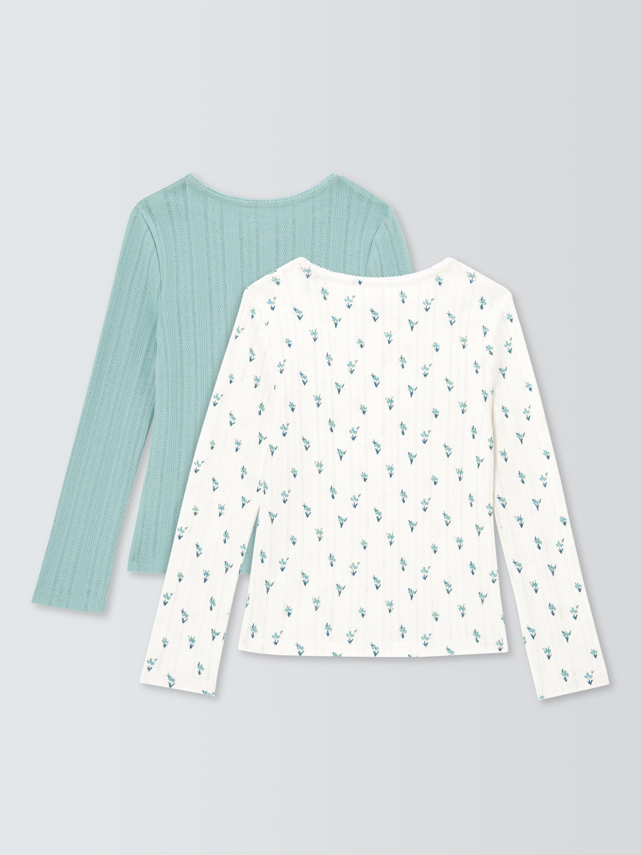 Product image 2 of 3, which shows John Lewis Kids' Plain/Floral Pointelle Tops, Pack of 2, Blue, Cream, 3 years