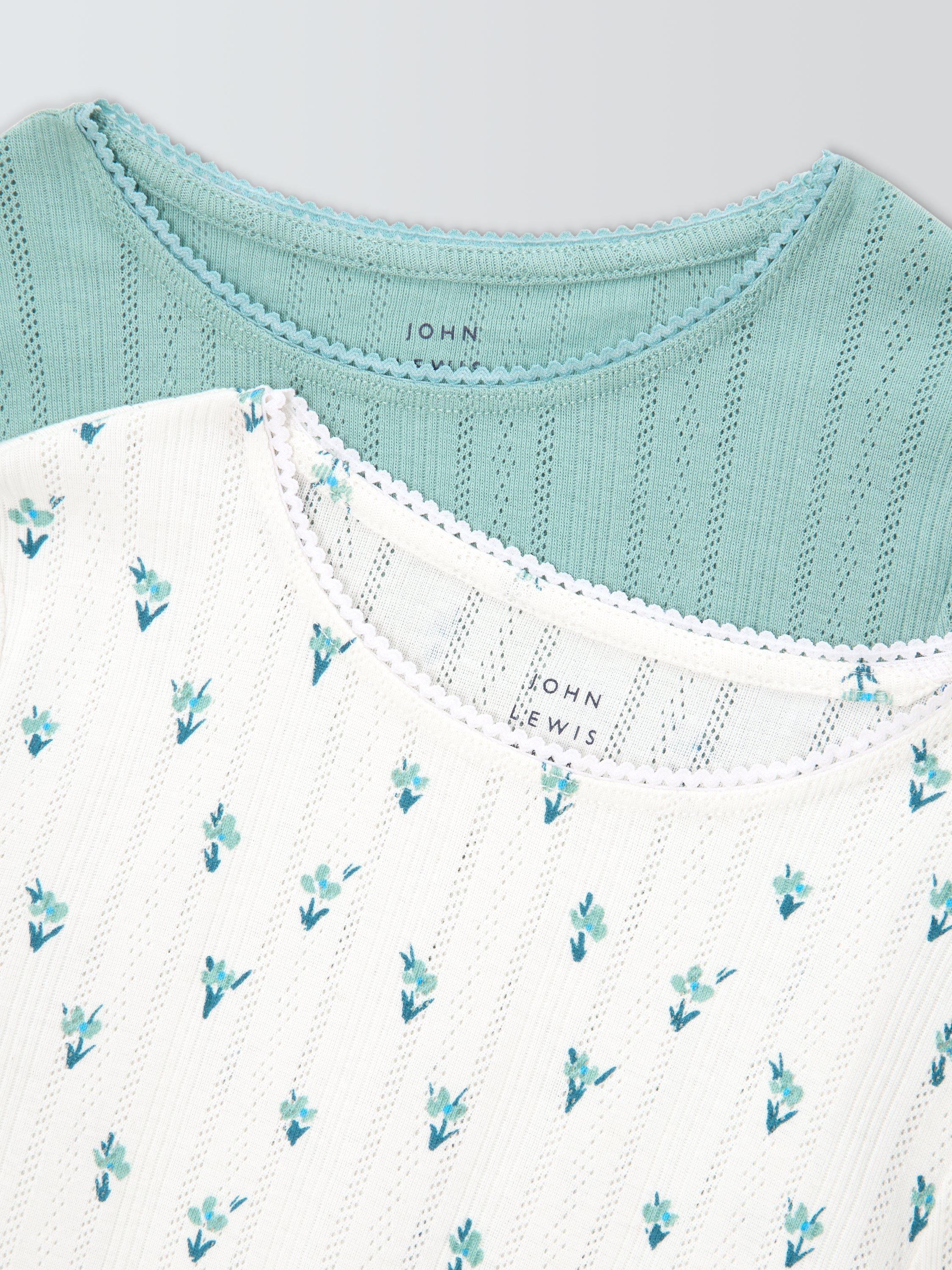 Product image 3 of 3, which shows John Lewis Kids' Plain/Floral Pointelle Tops, Pack of 2, Blue, Cream, 3 years