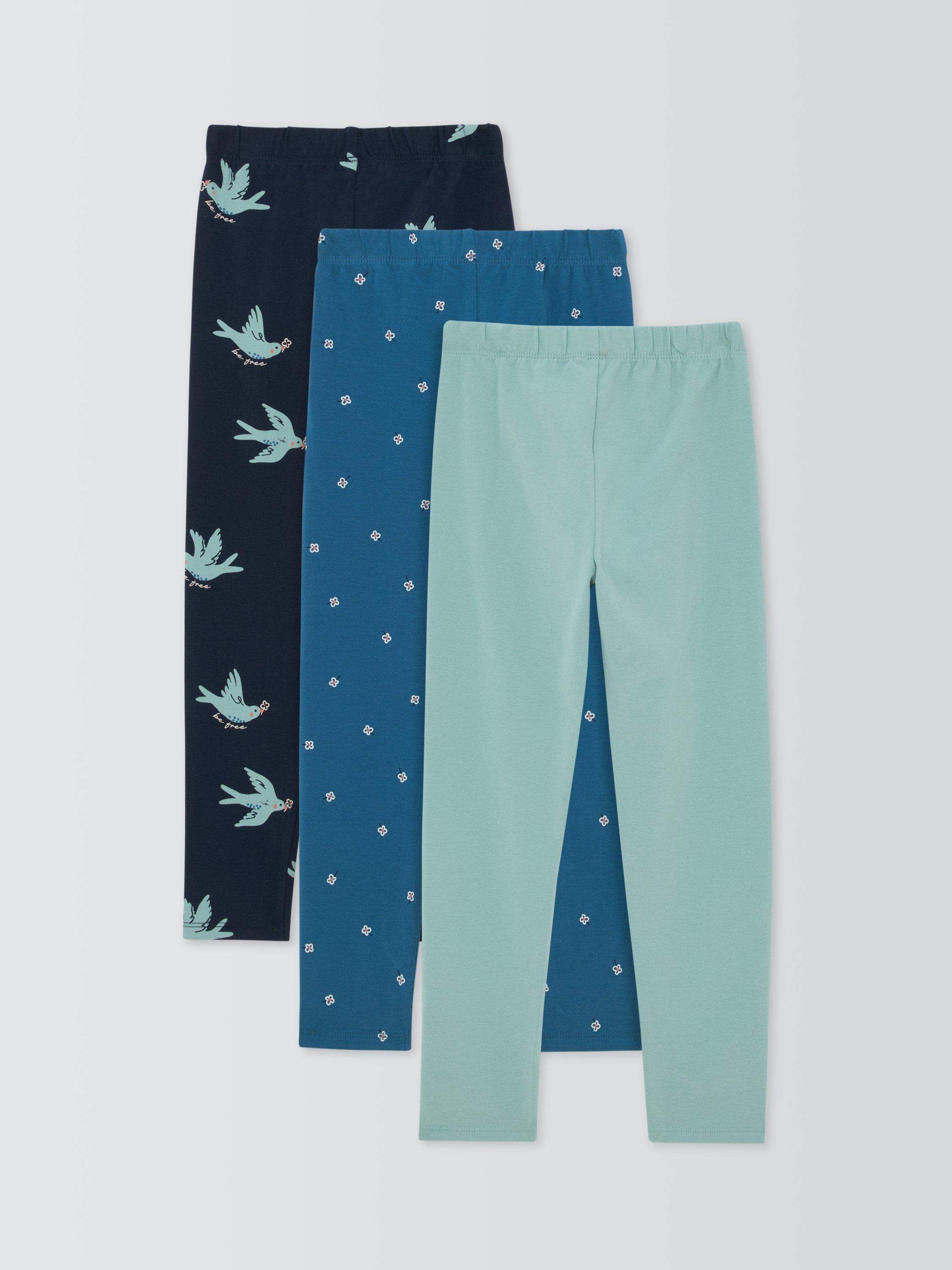 Product image 2 of 3, which shows John Lewis Kids' Birds/Floral/Plain Leggings, Pack of 3, Cream, Blue, 3 years