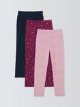 John Lewis Kids' Plain/Heart/Floral Leggings, Pack of 3, Pink, Red, Blue