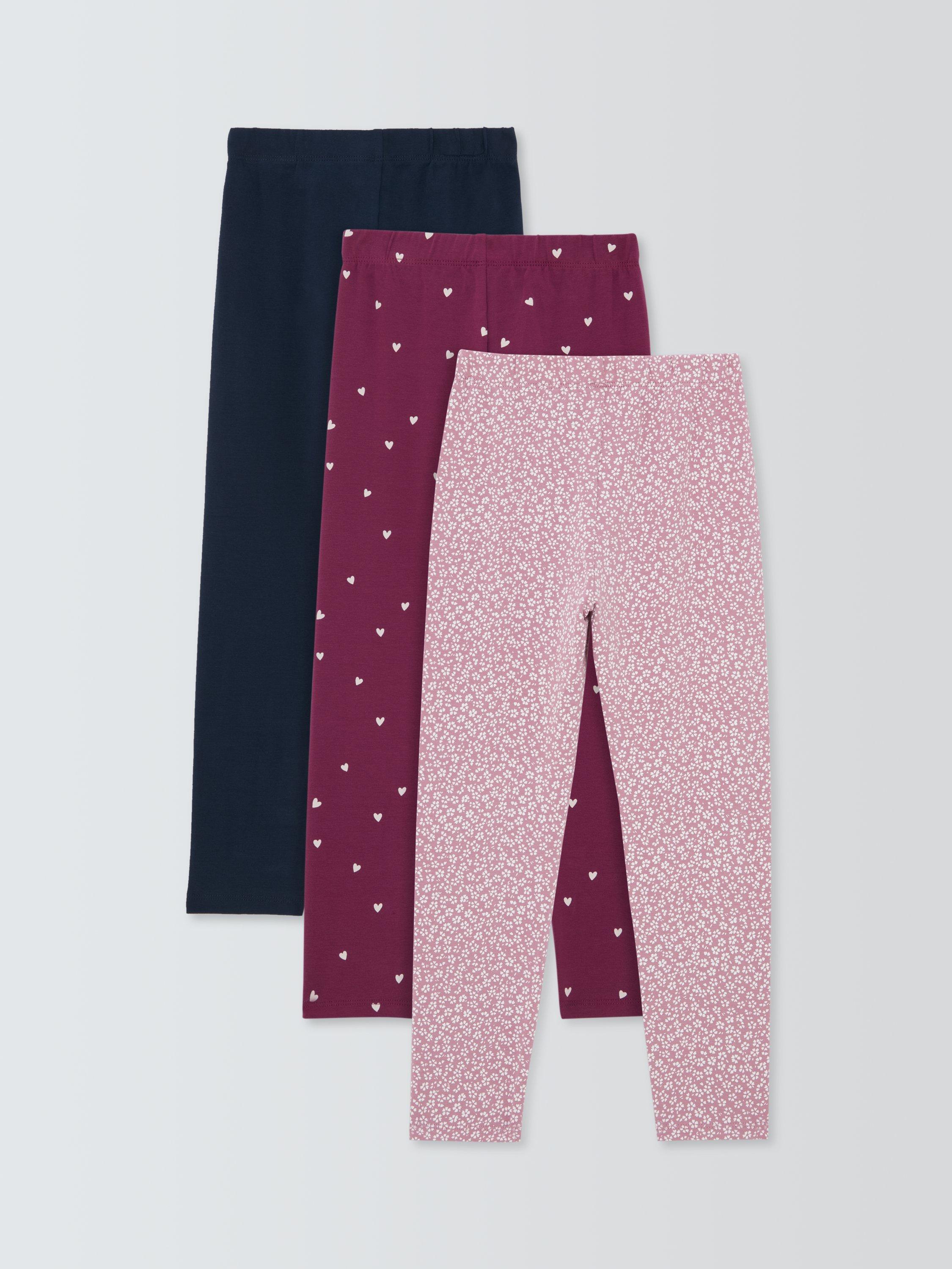Product image 2 of 3, which shows John Lewis Kids' Plain/Heart/Floral Leggings, Pack of 3, Pink, Red, Blue, 3 years