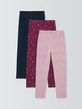 John Lewis Kids' Plain/Heart/Floral Leggings, Pack of 3, Pink, Red, Blue