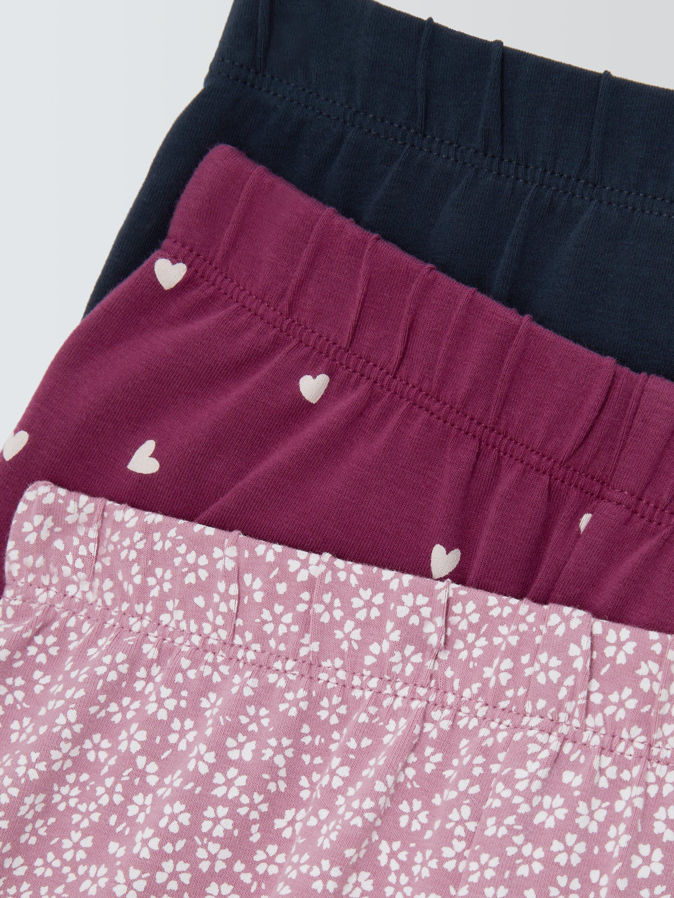 Product image 3 of 3, which shows John Lewis Kids' Plain/Heart/Floral Leggings, Pack of 3, Pink, Red, Blue, 3 years