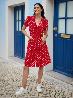 Yumi Retro Polka Dot Shirt Dress, Red, Red