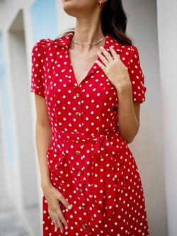 Yumi Retro Polka Dot Shirt Dress, Red - view 2, Red