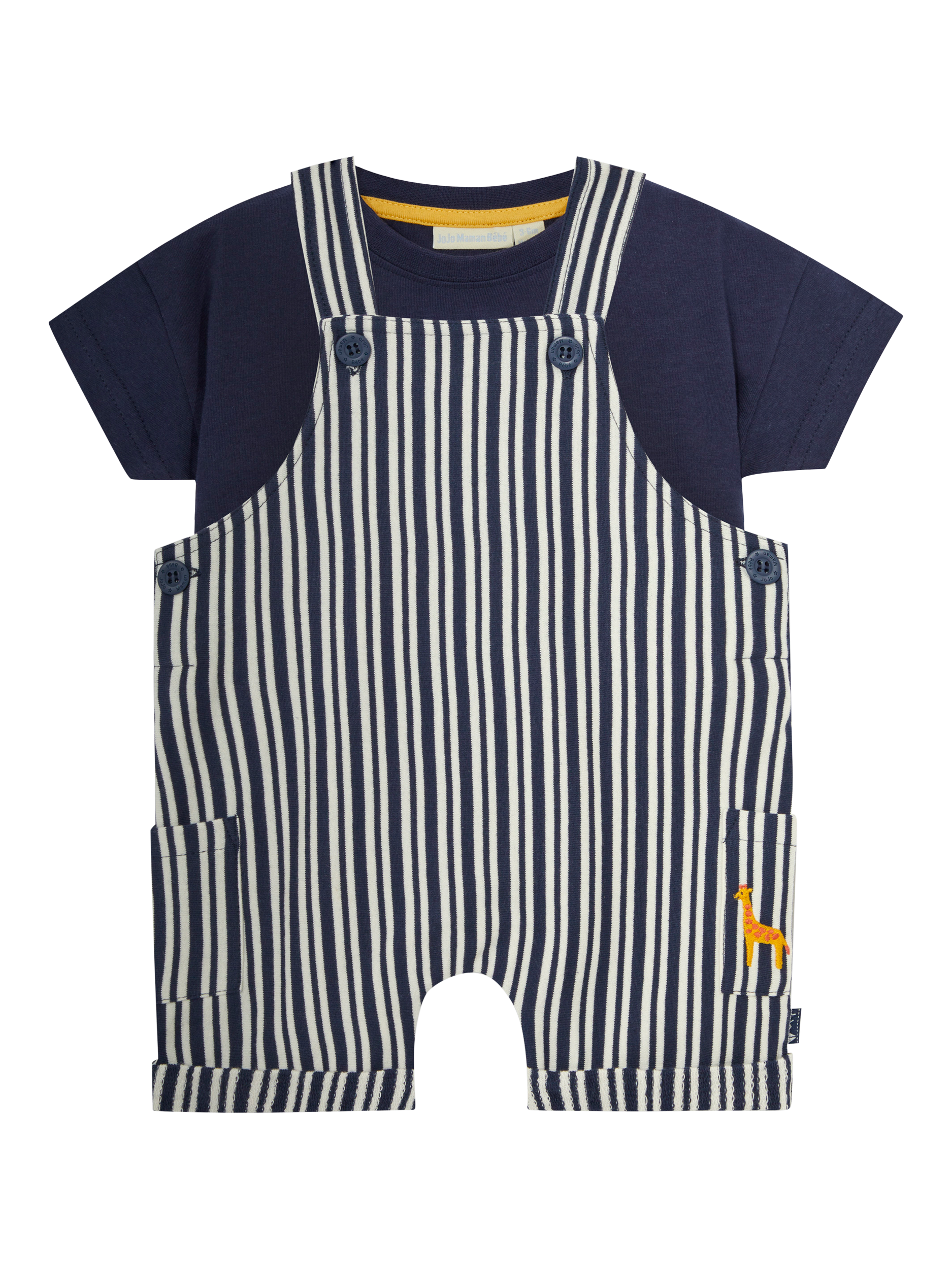 Product image 1 of 6, which shows JoJo Maman Bébé Baby T-Shirt & Stripe Dungarees Set, Navy, 0-3 months