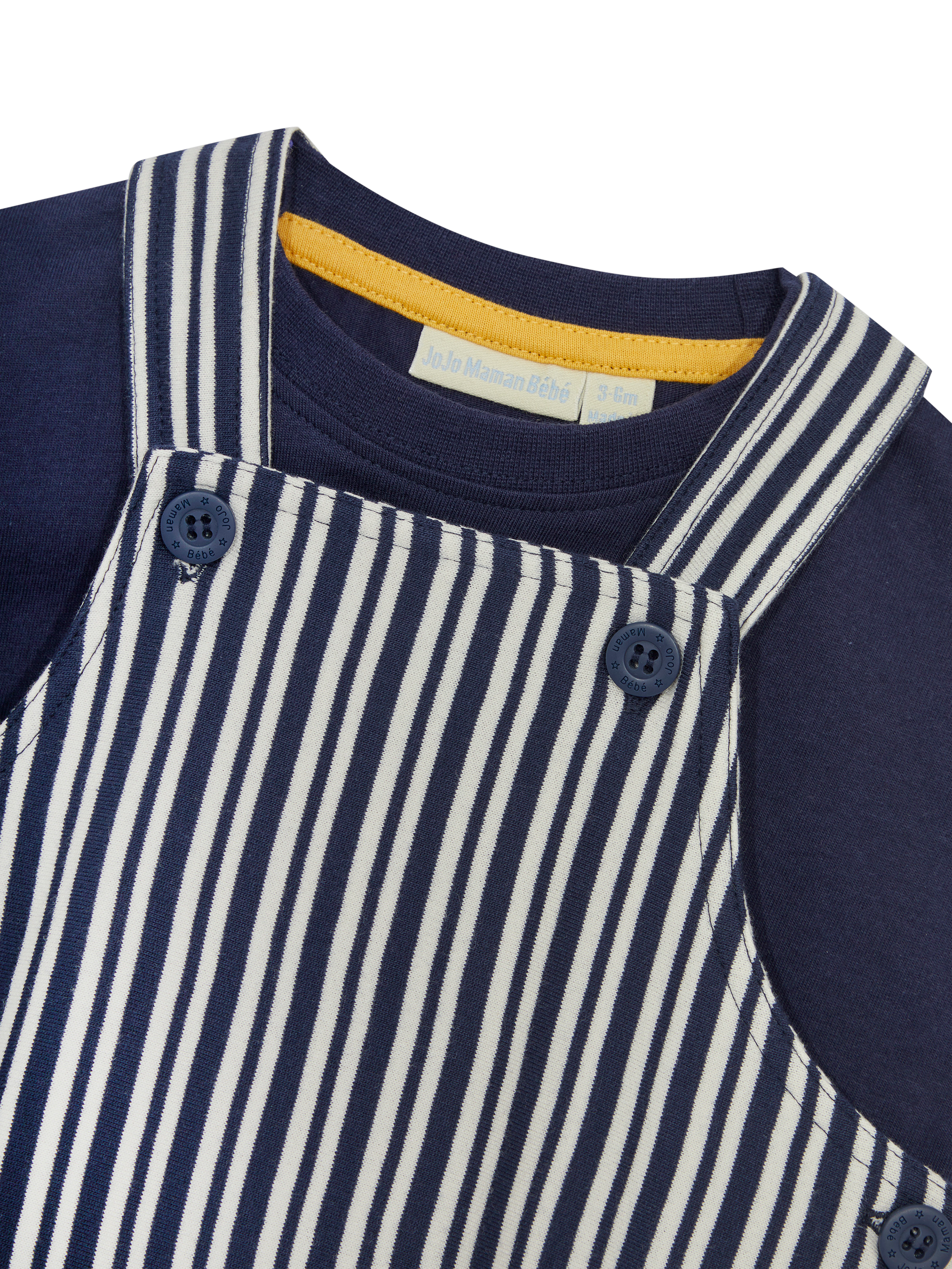 Product image 4 of 6, which shows JoJo Maman Bébé Baby T-Shirt & Stripe Dungarees Set, Navy, 0-3 months