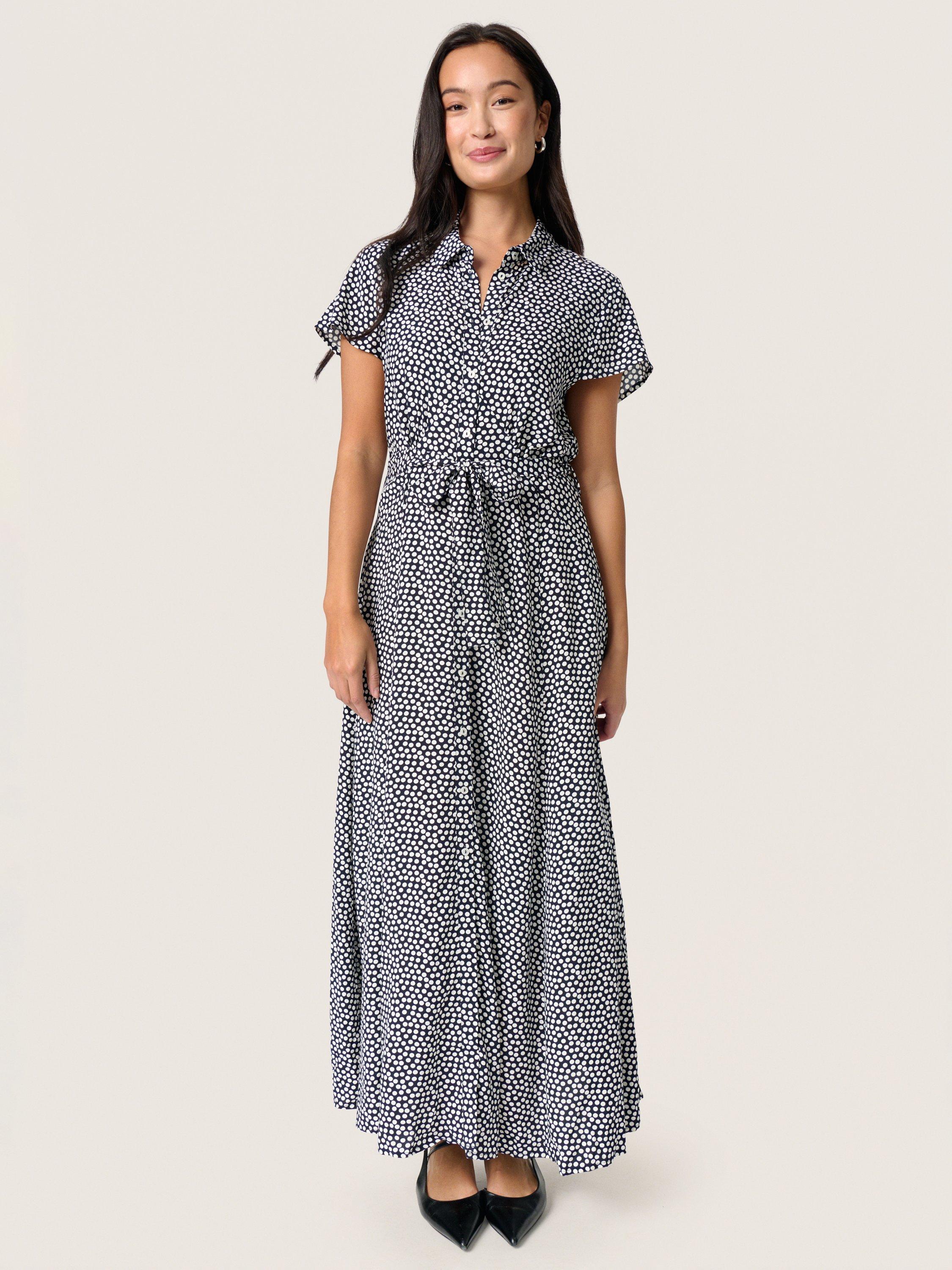 Product image 1 of 5, which shows Soaked In Luxury Arjana Polka Dot Maxi Dress, Nightsky/White, XS