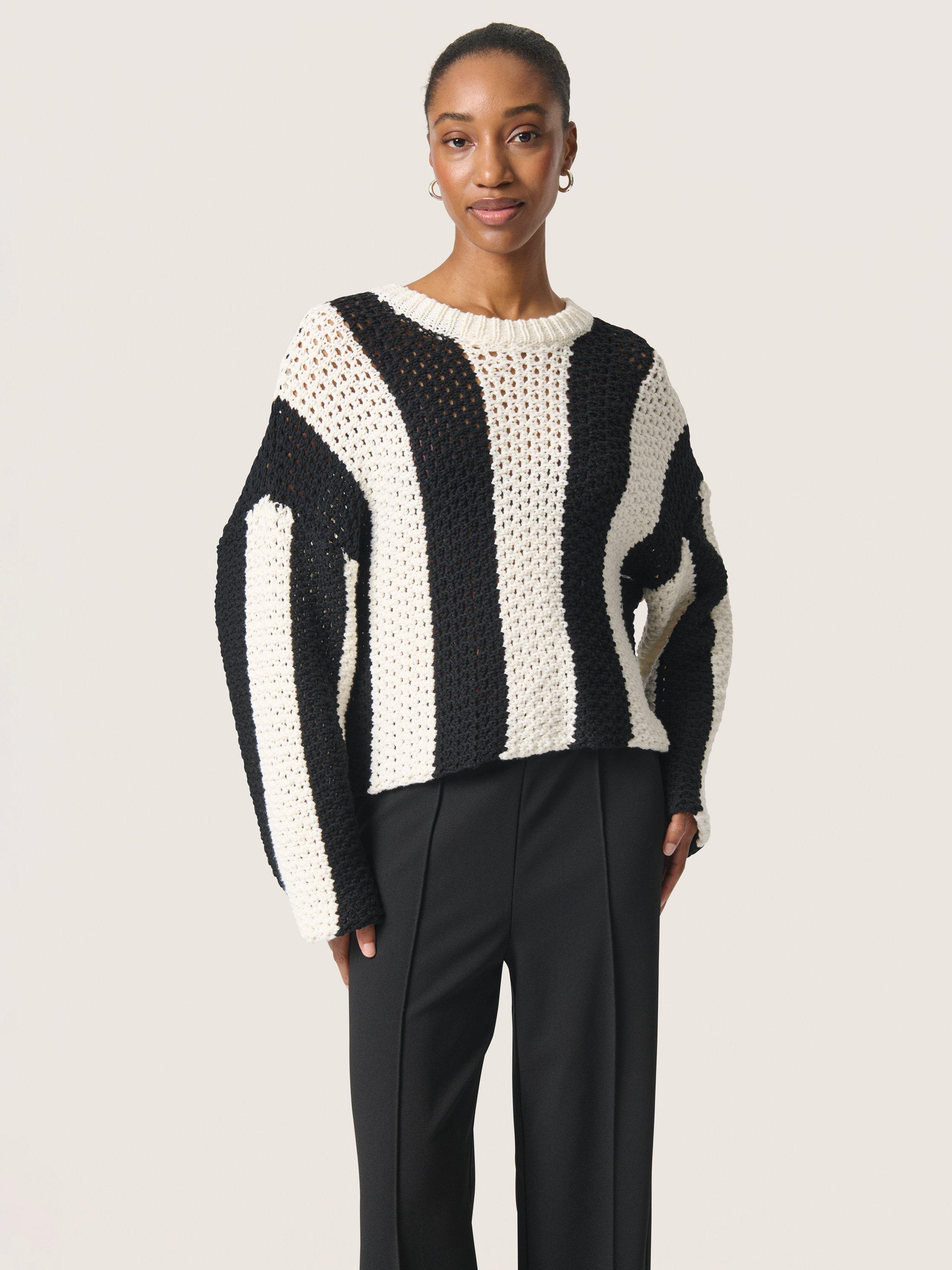 Product image 1 of 6, which shows Soaked In Luxury Menaka Chunky Knit Stripe Jumper, Black/White, XS