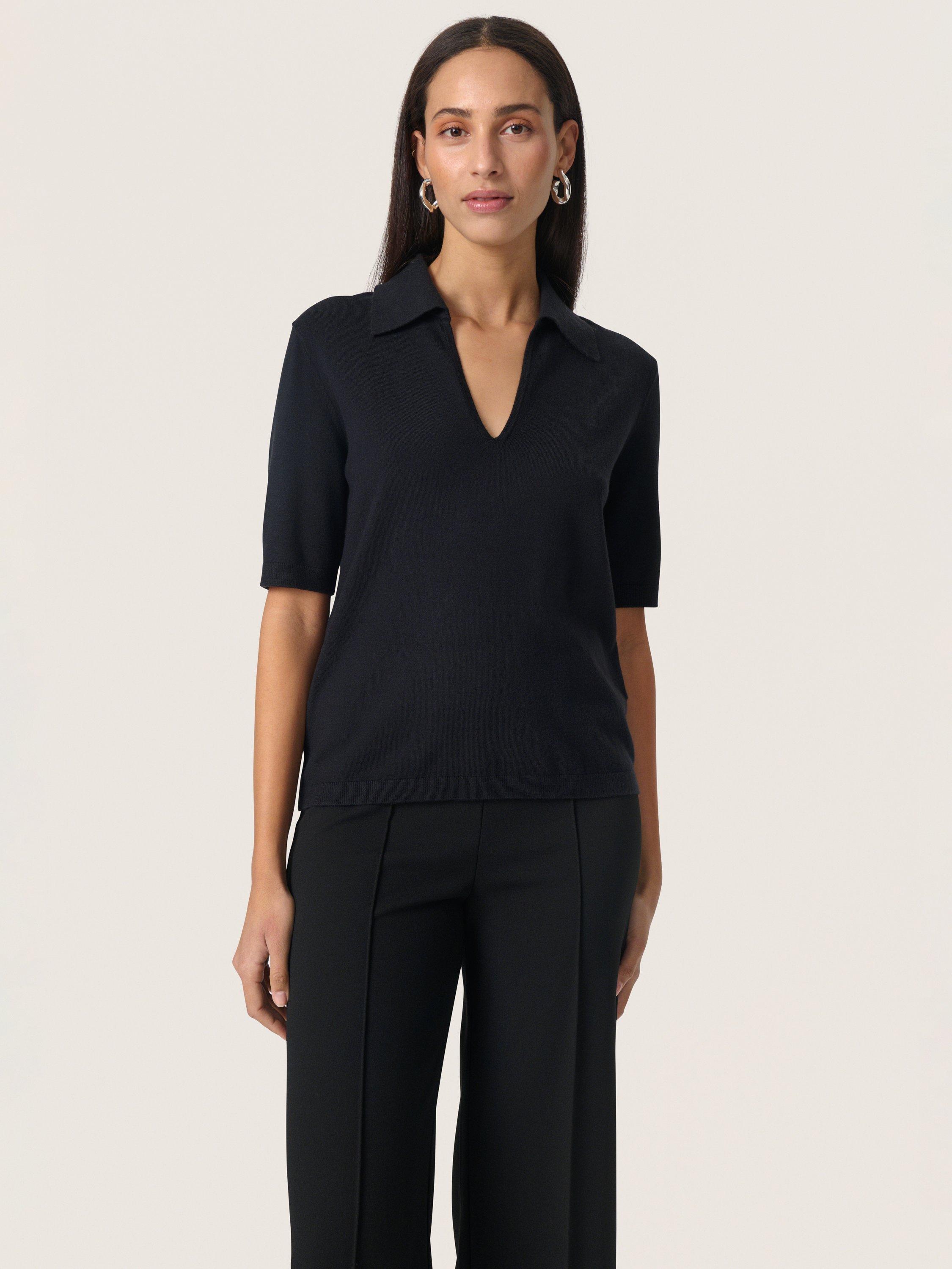 Product image 1 of 6, which shows Soaked In Luxury Spina Rib Knit Polo Shirt, Black, XS