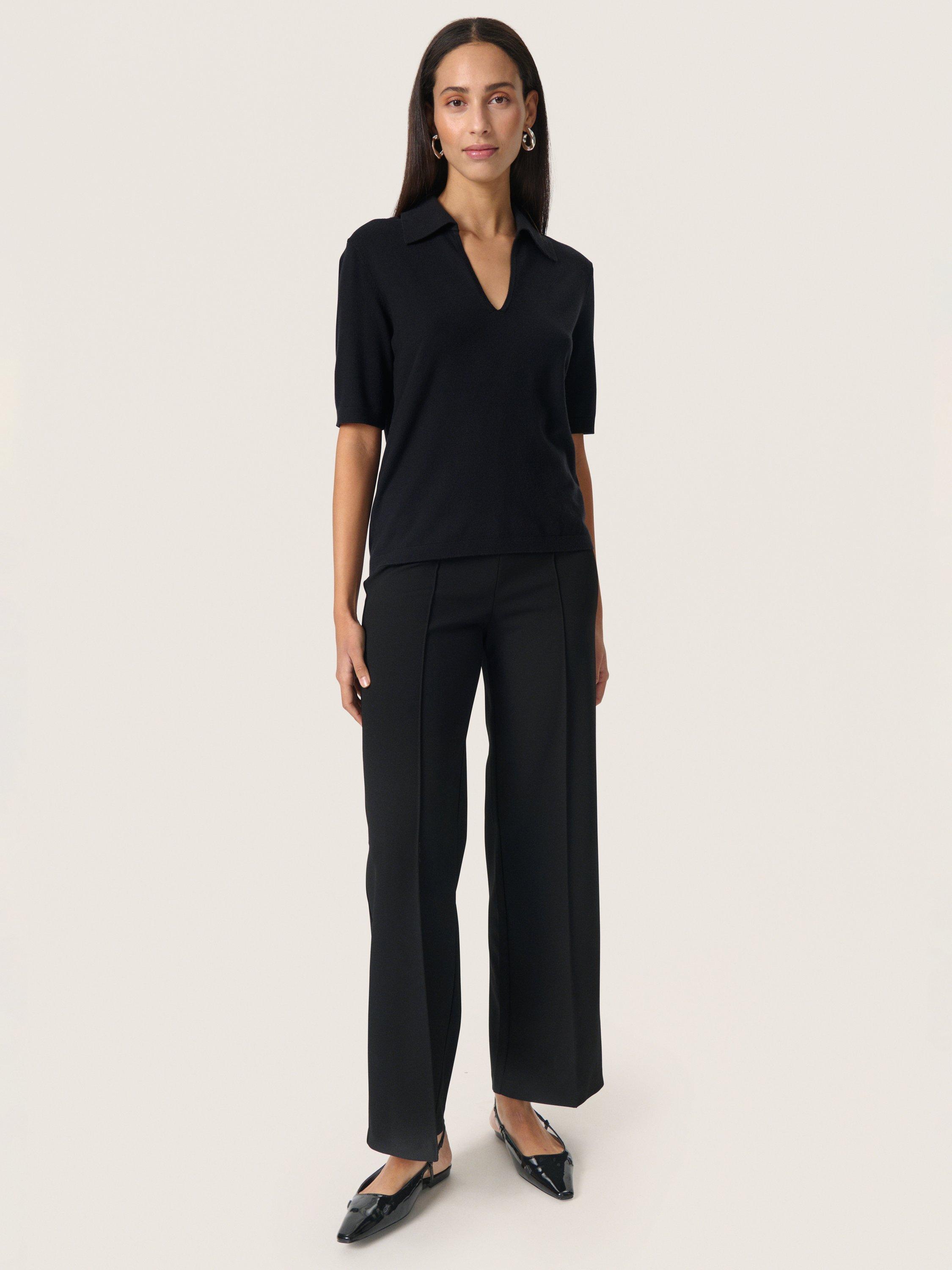 Product image 3 of 6, which shows Soaked In Luxury Spina Rib Knit Polo Shirt, Black, XS