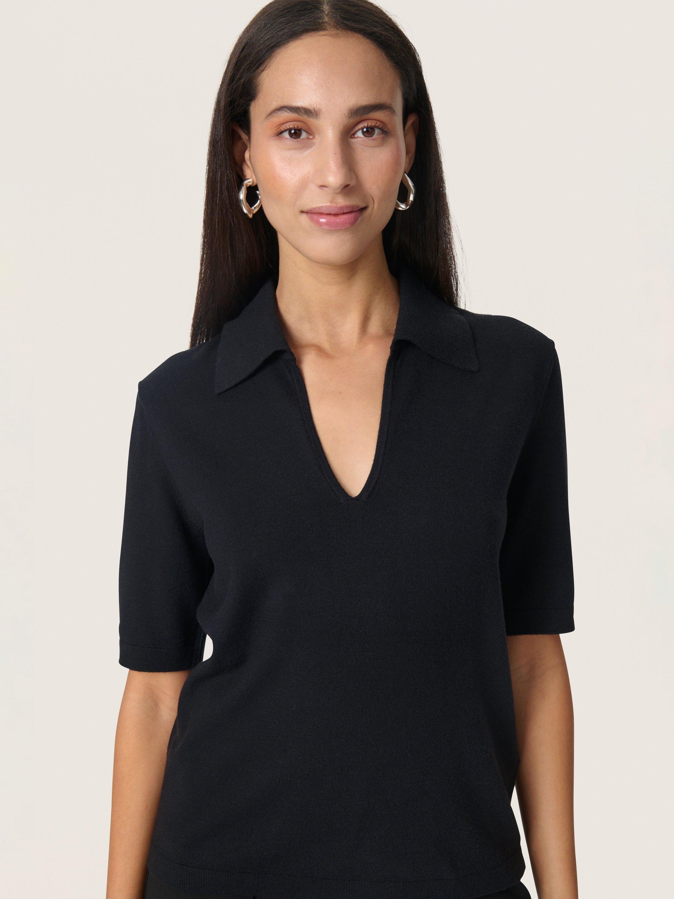 Product image 4 of 6, which shows Soaked In Luxury Spina Rib Knit Polo Shirt, Black, XS
