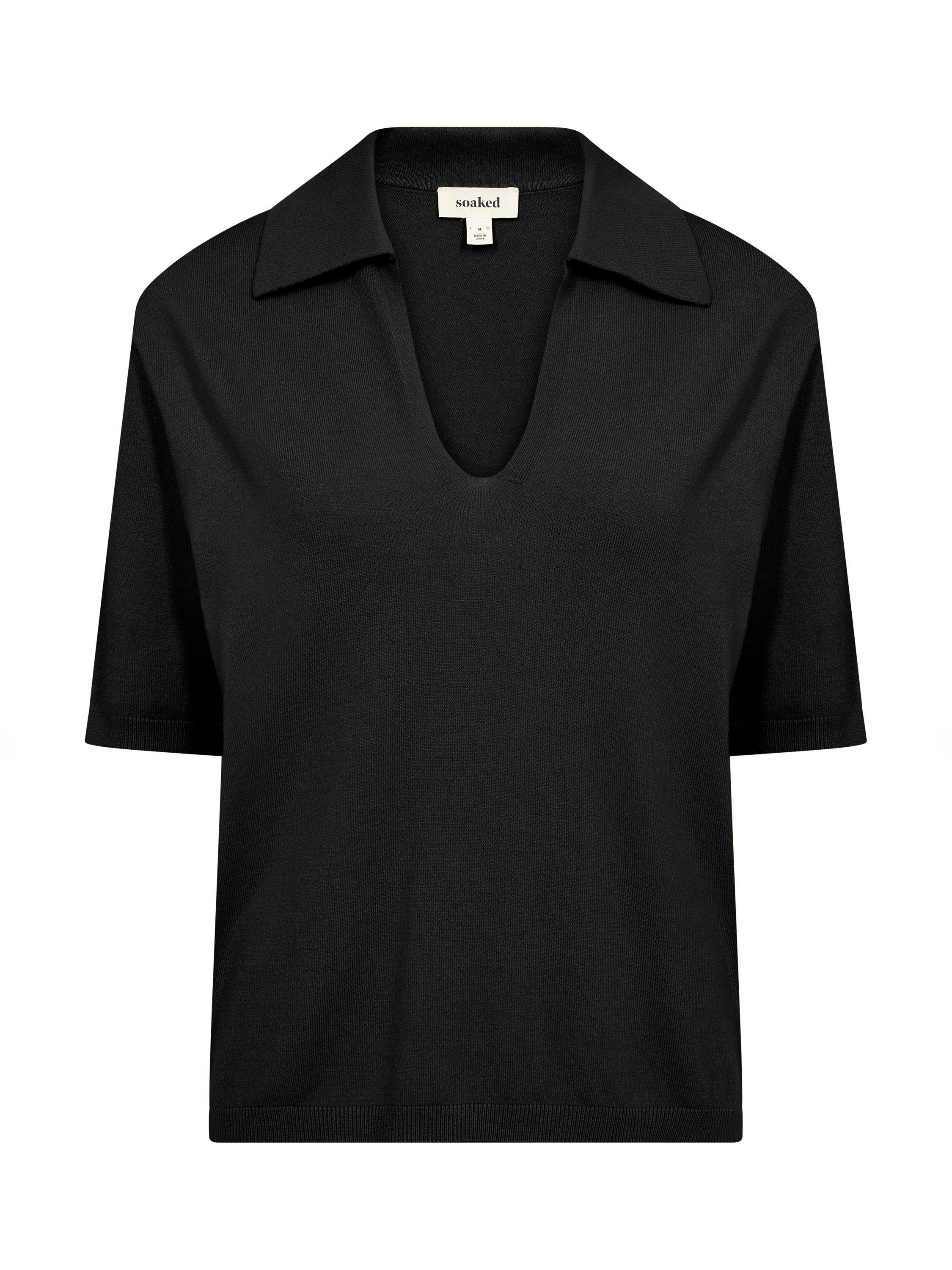 Product image 5 of 6, which shows Soaked In Luxury Spina Rib Knit Polo Shirt, Black, XS