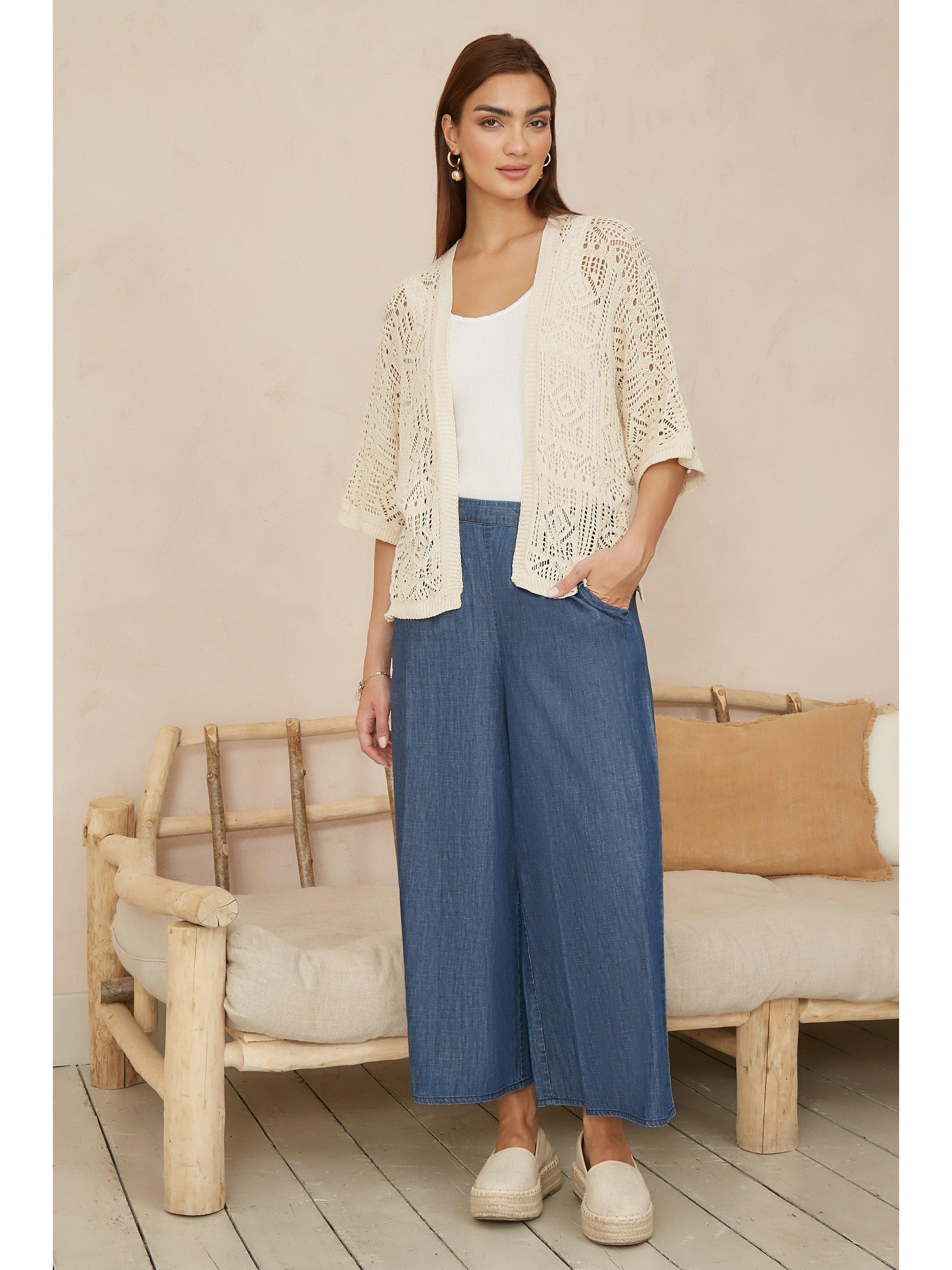 Product image 1 of 4, which shows Yumi Crochet Open Neck Cardigan, Ivory, S