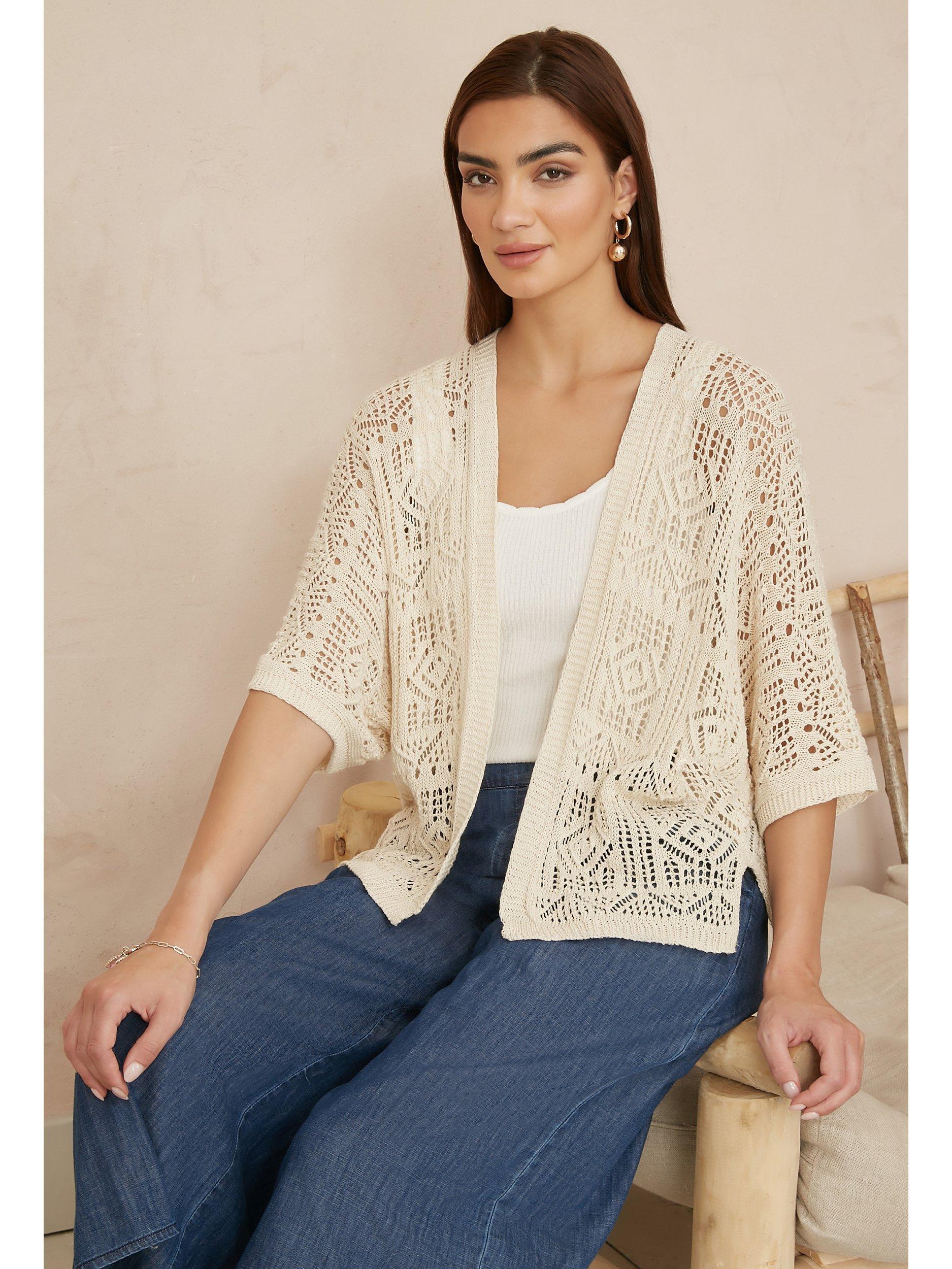 Product image 2 of 4, which shows Yumi Crochet Open Neck Cardigan, Ivory, S