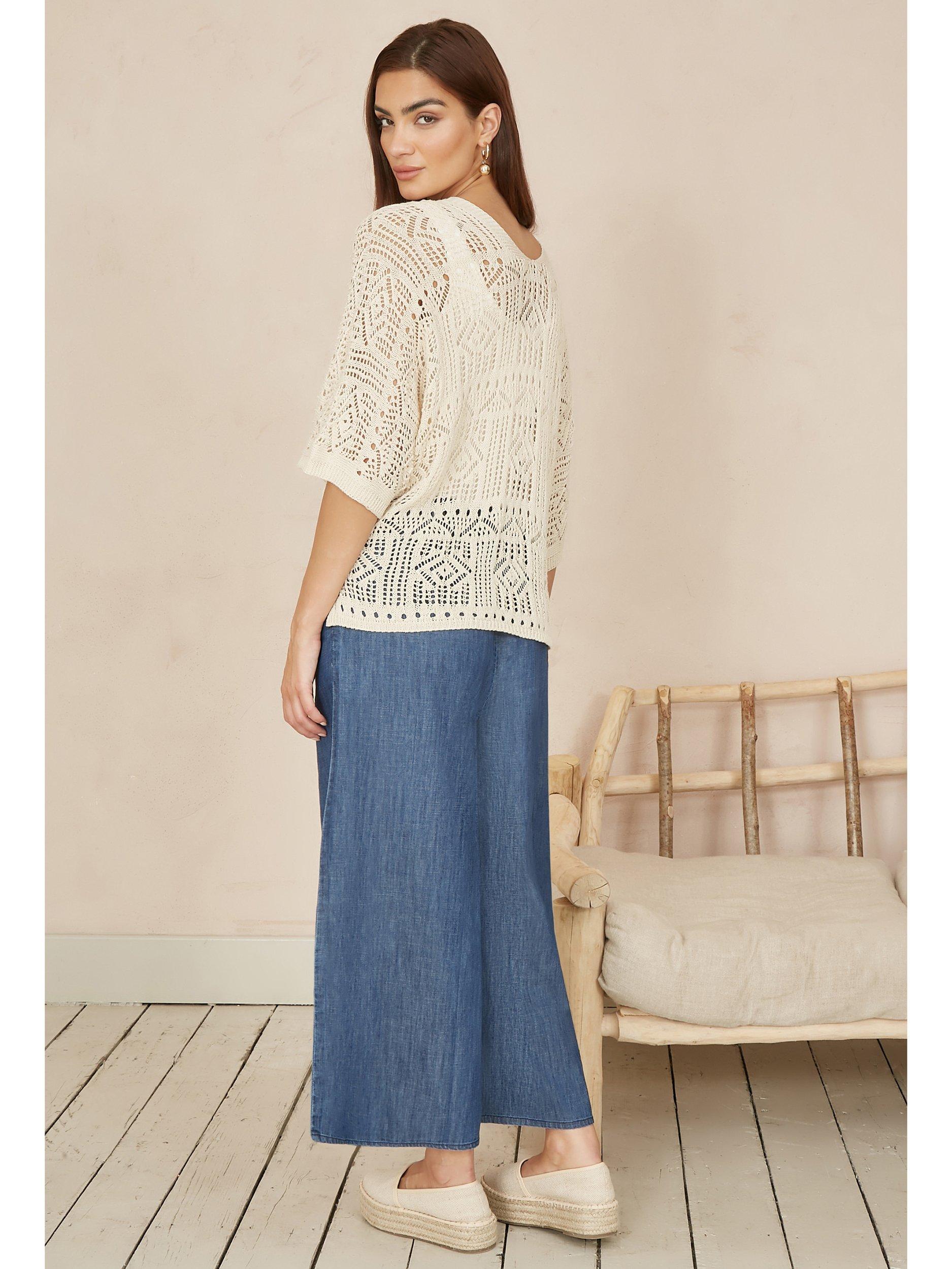 Product image 3 of 4, which shows Yumi Crochet Open Neck Cardigan, Ivory, S