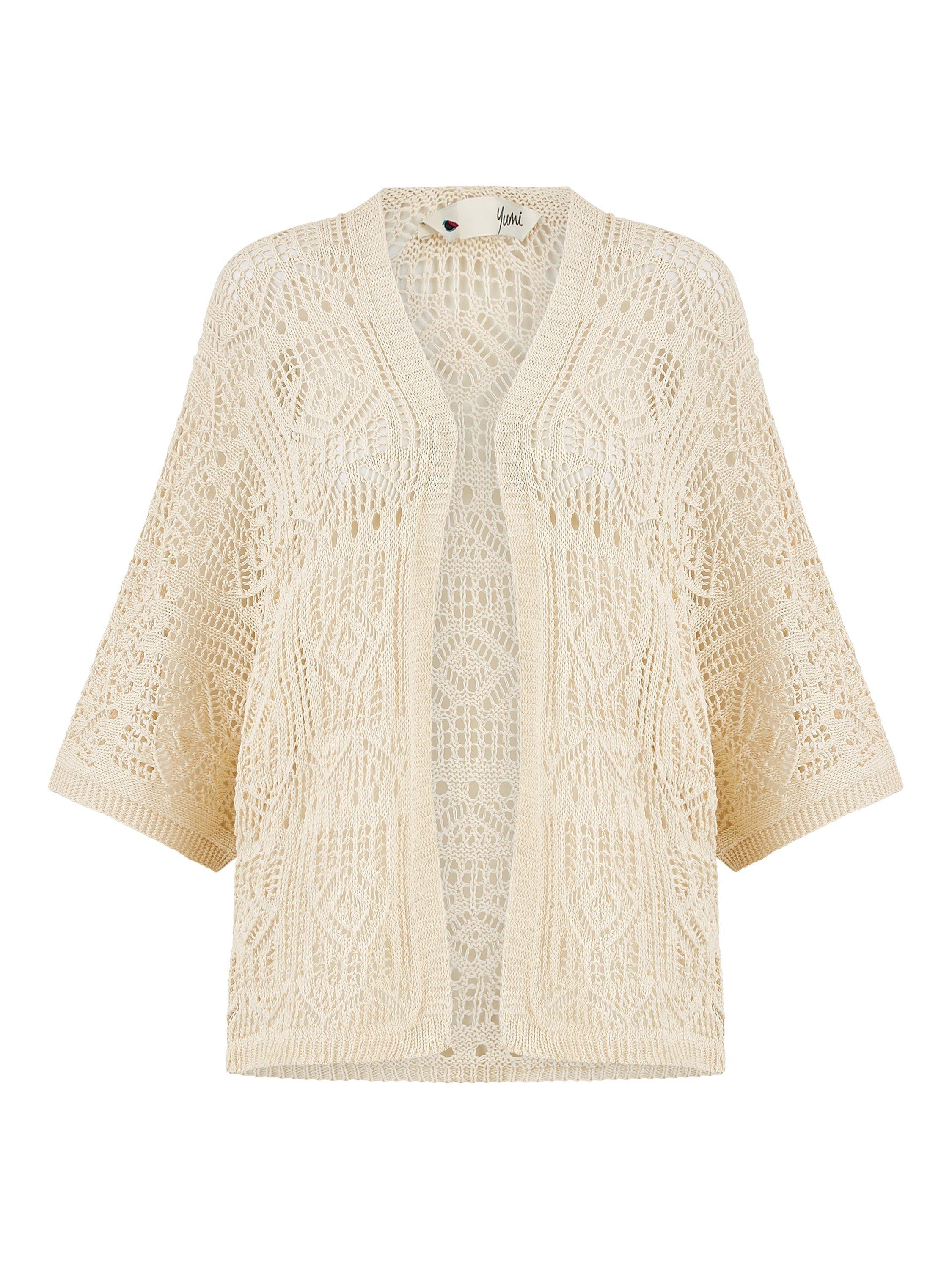Product image 4 of 4, which shows Yumi Crochet Open Neck Cardigan, Ivory, S