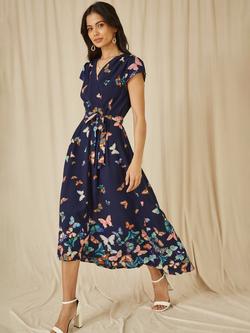 Yumi Butterfly Wrap Midi Dress, Navy, Navy